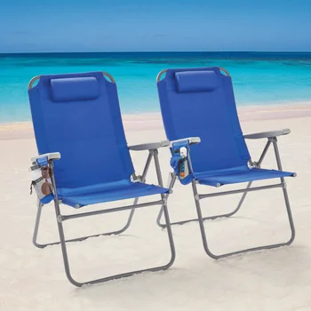 2 комплекта синих пляжных кресел, откидываются в 4 положениях, большие и удобные, идеально подходят для отдыха у бассейна