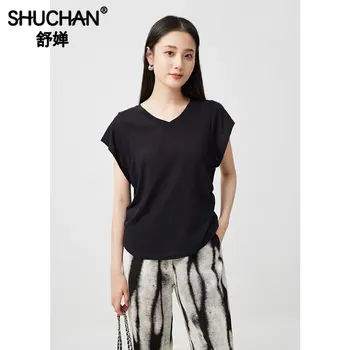Женская футболка Shuchan, хлопковые футболки из полиэстера, Уличные футболки для женщин, Топы, футболки, Летние блузы с V-образным вырезом, Mujer De Moda