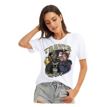 Летний Женский топ с Трэвисом Скоттом, Модная хлопковая футболка с коротким рукавом и прямым цифровым принтом, футболка с маленьким вырезом