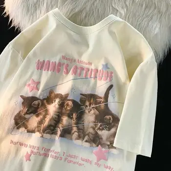 Летняя футболка с милым котом из чистого хлопка с коротким рукавом, Женская Японская винтажная милая футболка с коротким рукавом для девочек, Топ с коротким рукавом Ins, одежда