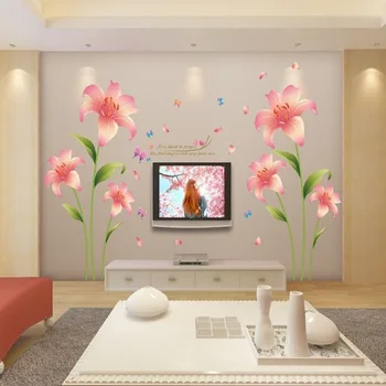 Новая 3D Лилия Любви Розовые цветы Гостиная Домашнее украшение Спальни Наклейка на стену